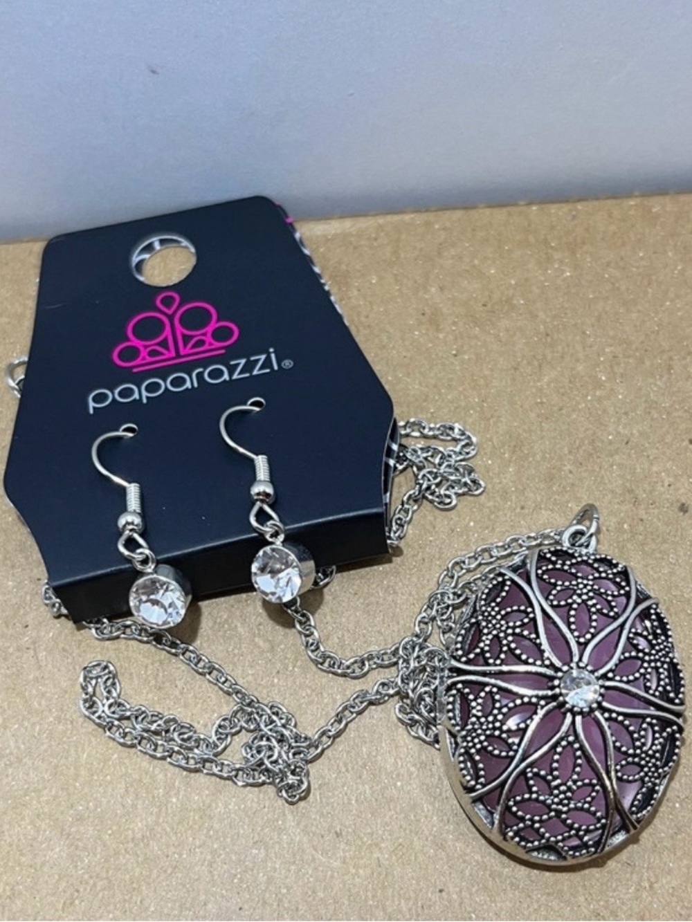 paparazzi Silver-Tone Purple Filigree Locket Necklace with Crystal Earrings